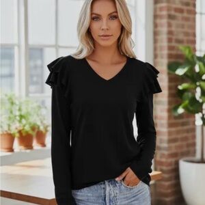 Banana Republic Black V-Neck Ruffle Shoulder Long Sleeve Top